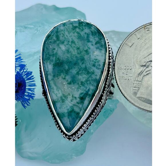 925 Sterling Teardrop Moss Agate Ring  Size 8.5 - Picture 5 of 7